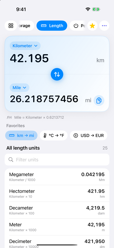 Equals converting 42.195 kilometers to 26.22 miles, with the formula shown