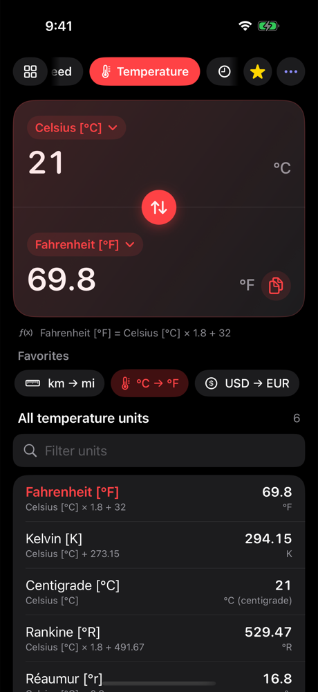 Temperature conversion in dark mode with formula